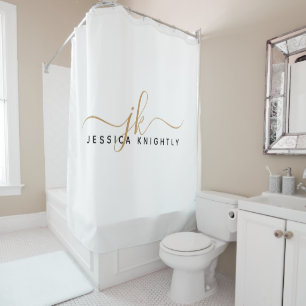 Moderne elegante Script Monogram Initials White Go Duschvorhang