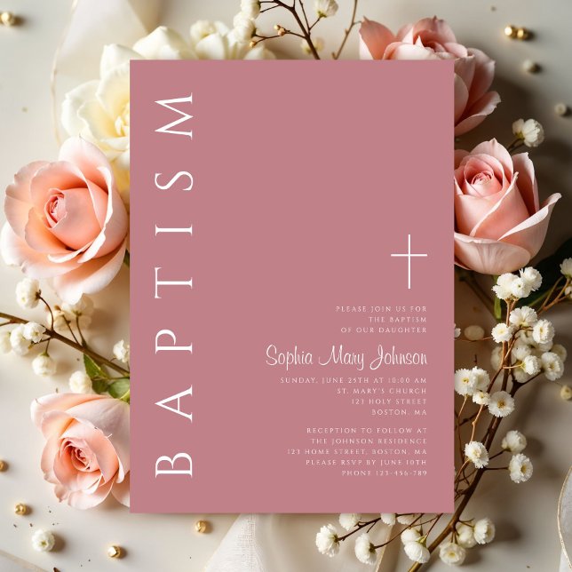Moderne elegante Script-Rosa Girls Taufe Einladung (Modern Elegant Script Pink Girls Baptism Invitation)