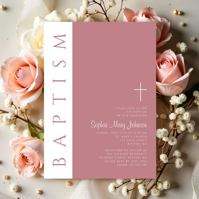 Moderne elegante Script-Rosa-Taufe Einladung (Modern Elegant Script Pink Baptism Invitation)