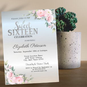 Moderne elegante silberne Bokeh-Blumen-Sweet 16  Einladung