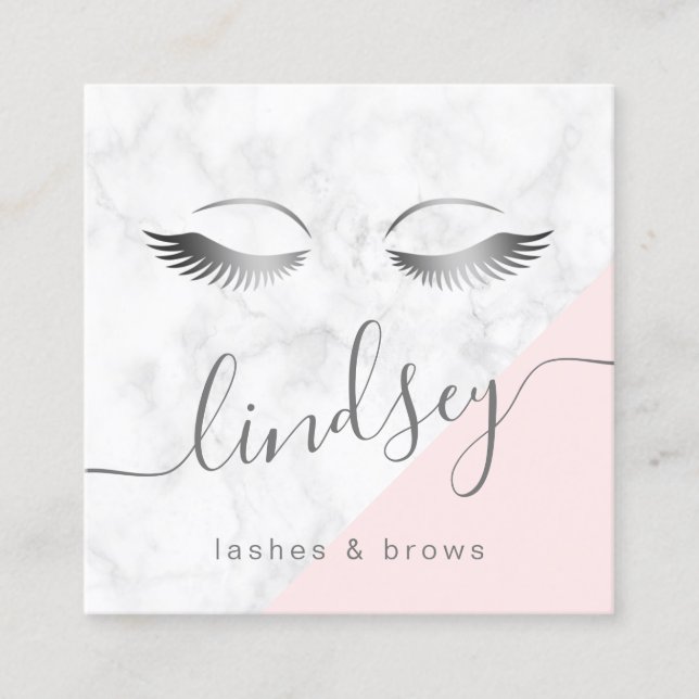 Moderne, elegante, silberne Marmor, rosa Lashes Quadratische Visitenkarte (Vorderseite)