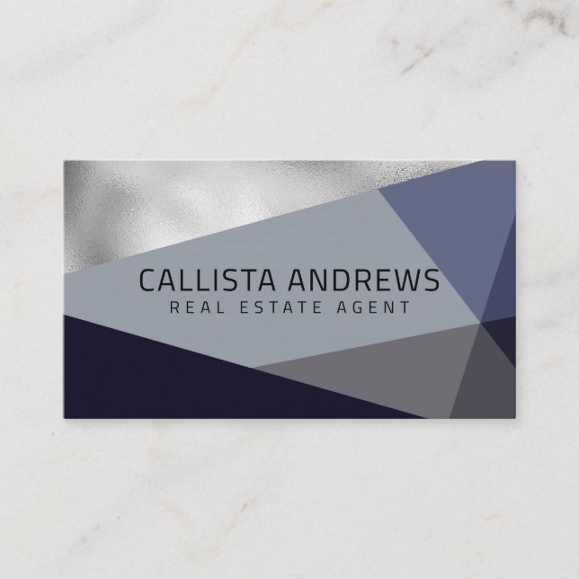 Moderne elegante Silver Dusty Navy Blue Geometric Visitenkarte (Vorderseite)