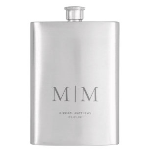 Moderne Elegante Silver Mit Monogramm Ursprünglic Flachmann