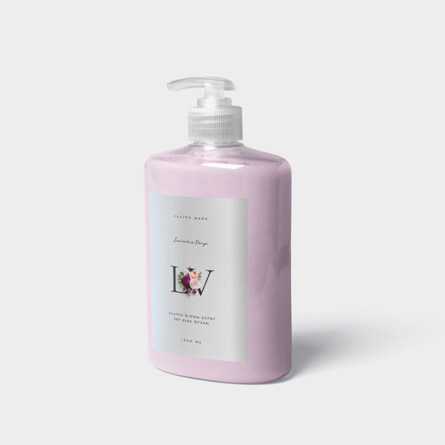 Moderne elegante Silver Monogram Floral Rose Beaut Lebensmitteletikett (Beauty)