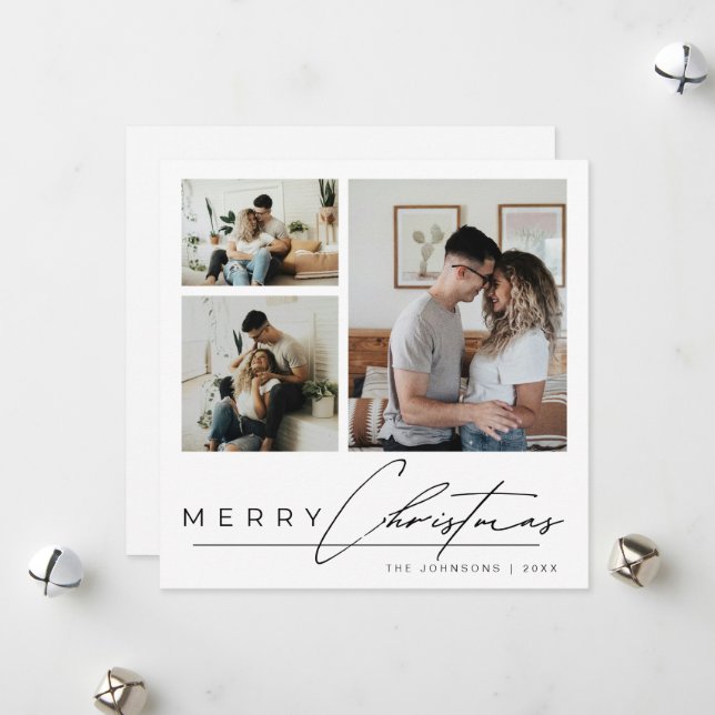 Moderne elegante Skript-3-Foto-Collage Weihnachten (Vorderseite/Rückseite Beispiel)