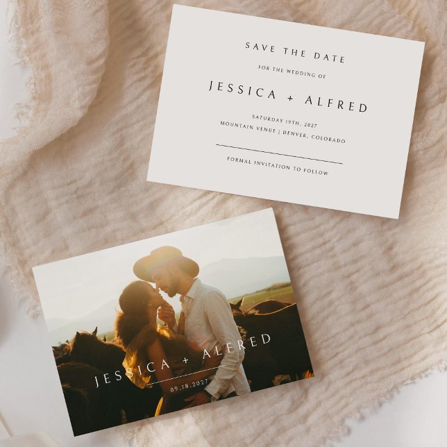 Moderne elegante Skript-Hochzeitsfoto horizontal Save The Date (Von Creator hochgeladen)