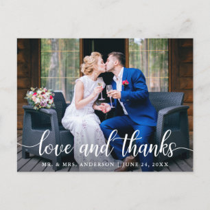 Moderne elegante Skript-Liebe dankt Hochzeitsfoto  Postkarte