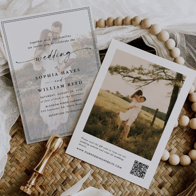 Moderne elegante Skript-QR-Code-Foto-Budget-Hochze Einladung (Von Creator hochgeladen)