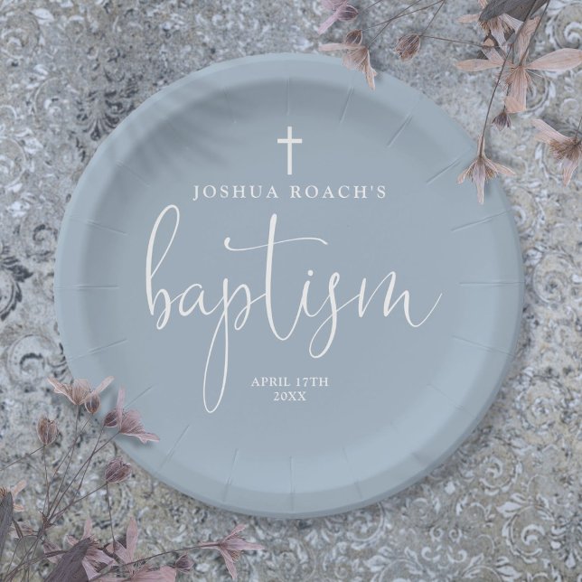 Moderne, elegante Skripte Dusty Blue Taufe Pappteller (Modern Elegant Script Dusty Blue Baptism Paper Plates)