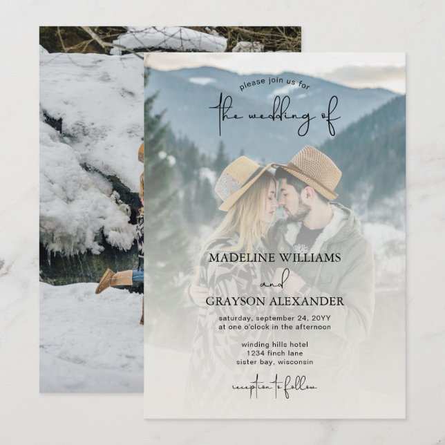 Moderne, elegante Skripte Zwei-Foto-Hochzeit Einladung (Vorne/Hinten)