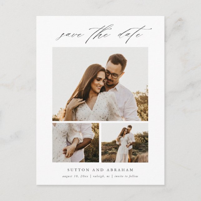 Moderne, elegante Skriptfotografie Save the Date Ankündigungspostkarte (Vorderseite)