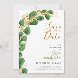 Moderne Elegante Smaragdgrün und Gold Eukalyptus Save The Date