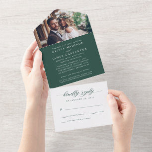 Moderne elegante Smaragdgrüne Foto-RSVP-Hochzeit All In One Einladung
