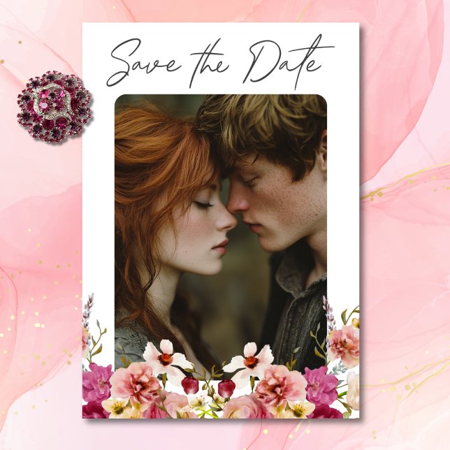 Moderne elegante Sommermesse Blumenblume Weiße Hoc Save The Date (Modern Elegant Summer Meadow Floral White Wedding Save The Date)