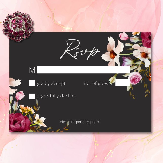 Moderne elegante Sommermesse Schwarze Hochzeit RSVP Karte (Modern Elegant Summer Meadow Floral Black Wedding RSVP Card)