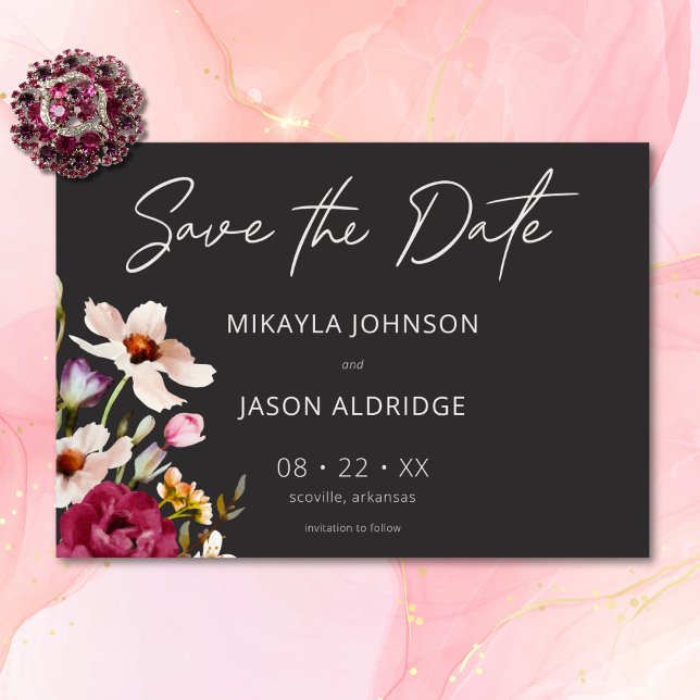Moderne elegante Sommermesse Schwarze Hochzeit Save The Date (Modern Elegant Summer Meadow Floral Black Wedding Save The Date)