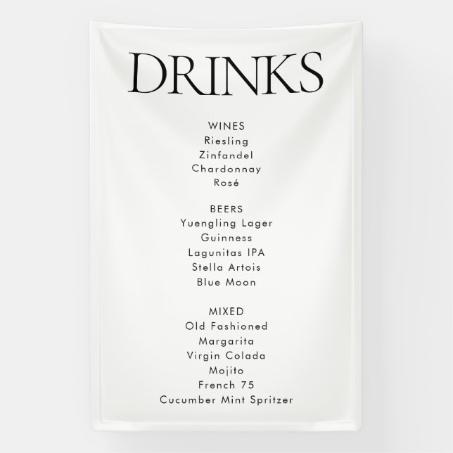 Moderne elegante Speisekarte für Hochzeitsgetränke Banner (Vertikal)