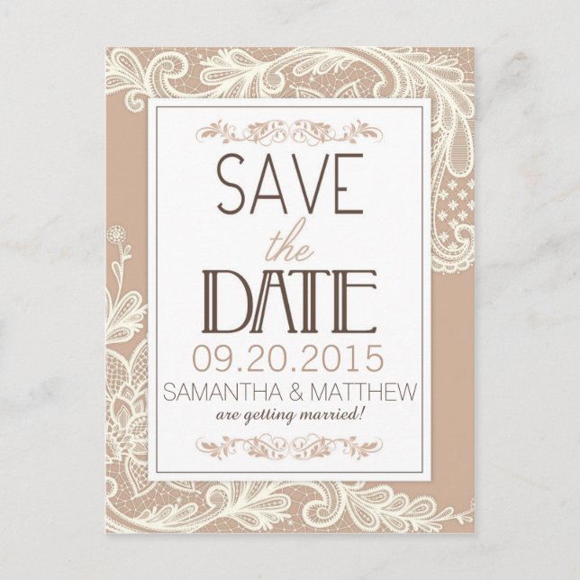 Moderne Elegante Spitzen Save the Date Ankündigungspostkarte (Vorderseite)