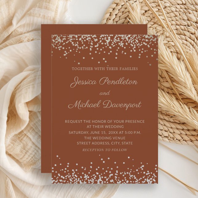 Moderne Elegante Terracotta Glitzer Hochzeit Einladung (Terracotta wedding invitation with elegant script)