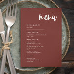 Moderne, elegante Terracotta-Hochzeit Menükarte<br><div class="desc">Ein moderner und trendiger Stil für Ihre Hochzeitsarbeit: eine kühne Typografie und ein elegantes Terrakotta-Thema,  leicht zu mischen und zu passen. Vollständig anpassbare Farben und Hintergründe.</div>