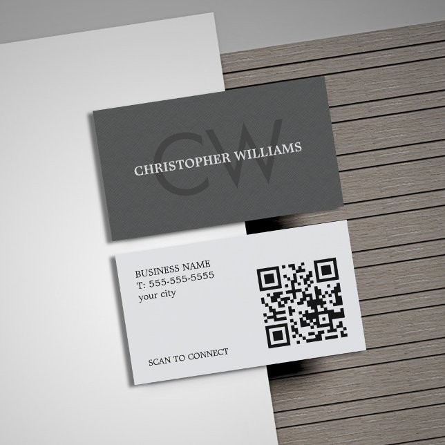 Moderne elegante Textur Grau Monogramm QR-Code Visitenkarte (Von Creator hochgeladen)