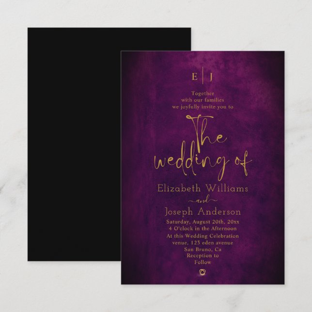  Moderne, elegante Textur Lila & Gold Hochzeit Einladung (Vorne/Hinten)