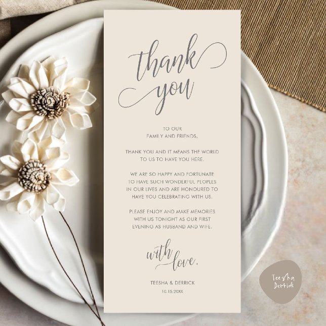 Moderne elegante Tischkarten-Dankeschön-Karte für  Programm (Modern Classy Wedding Dinner Place Setting Thank You Card in Cream and Grey)