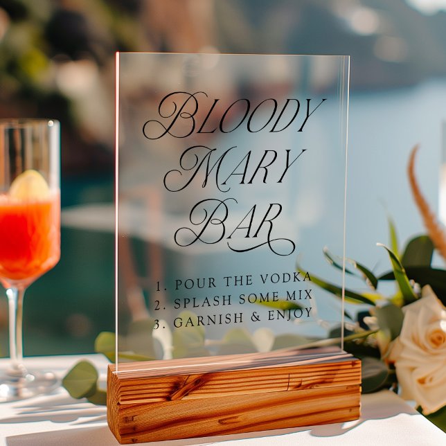 Moderne elegante Typografie Bloody Mary Bar Acrylschild (Please note: The wooden stand does not come with the sign. Zazzle sells a wood block stand.)