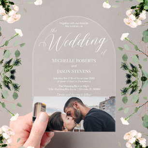 Moderne elegante untere Foto-Kalligrafie-Hochzeit Acryleinladungen