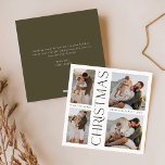 Moderne Elegante Vier-Foto Collage Feiertagskarte<br><div class="desc">Die moderne Elegant Four Foto Collage Square Holiday Card ist der perfekte Weg um festliche Grüße mit Stil und Anmut zu versenden. Diese Karte verfügt über vier Foto-Slots, mit denen Sie Ihre Lieblingslieder in einem schicken, minimalistischen Layout präsentieren können. Mit seiner eleganten Typografie und sanften olivengrünen Akzenten verkörpert das Design...</div>