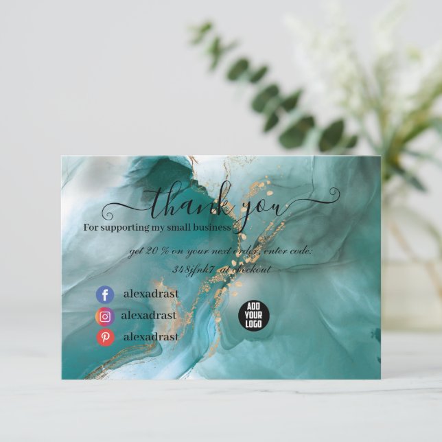Moderne Elegante Wasserfarbe Aquamarin und Gold Dankeskarte (Stehend Vorderseite)