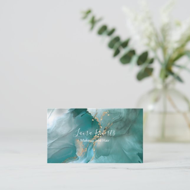 Moderne Elegante Wasserfarbe Aquamarin und Gold Visitenkarte (Stehend Vorderseite)