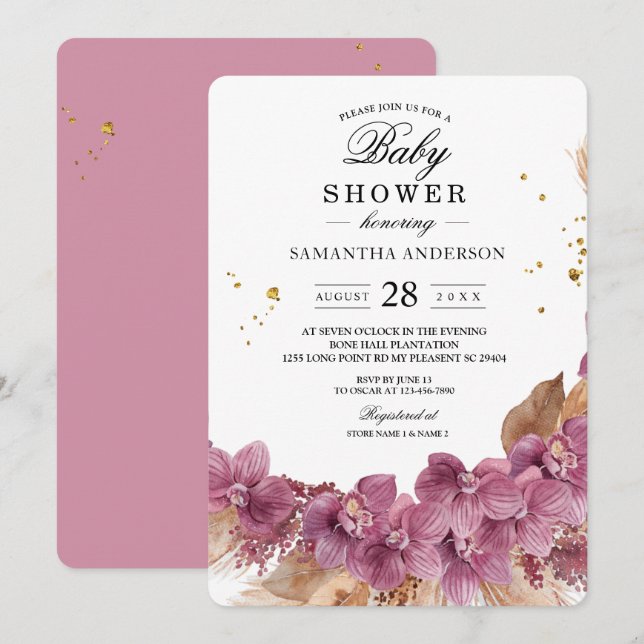 Moderne Elegante Wasserfarbe Rosa Orchid & Pampas Einladung (Vorne/Hinten)