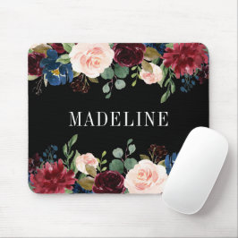 Moderne Elegante Wasserfarben Blumen Schwarz Mousepad