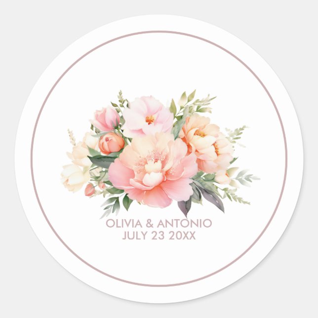 Moderne Elegante Wasserfarbenpeonies Weiße Hochzei Runder Aufkleber (Vorderseite)