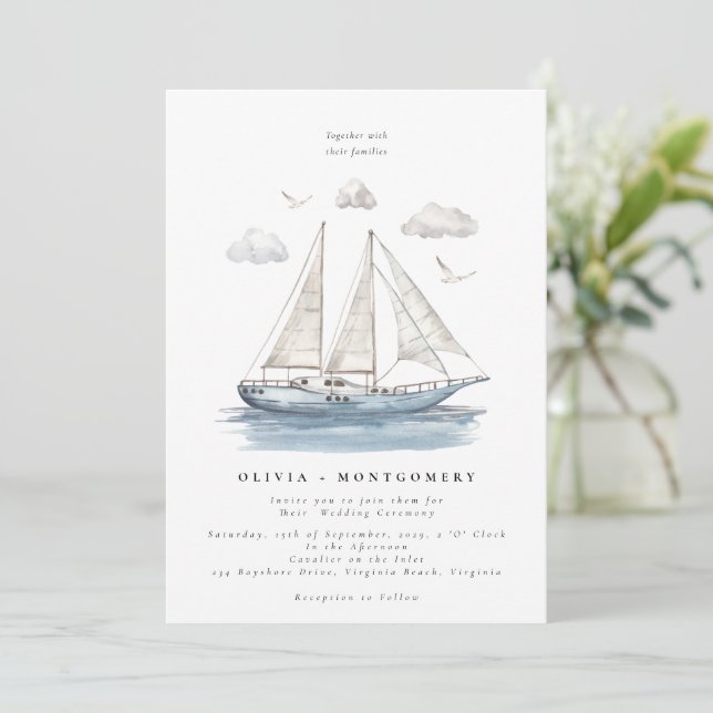 Moderne elegante Wassersportjacht Hochzeit Einladung (Stehend Vorderseite)