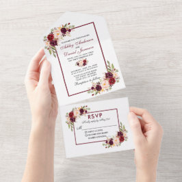Moderne elegante Watercolor Burgund Blumenhochzeit All In One Einladung