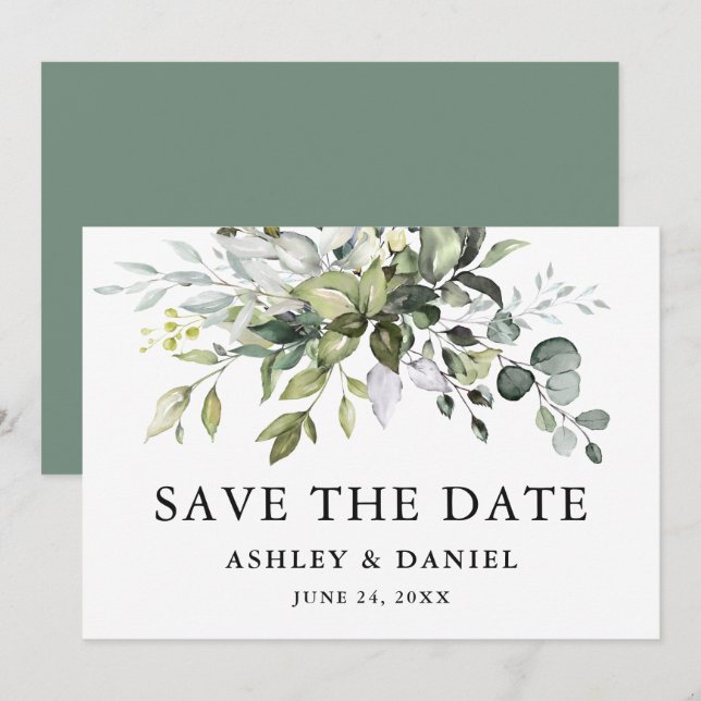 Moderne Elegante Watercolor Grün Save The Date (Vorne/Hinten)