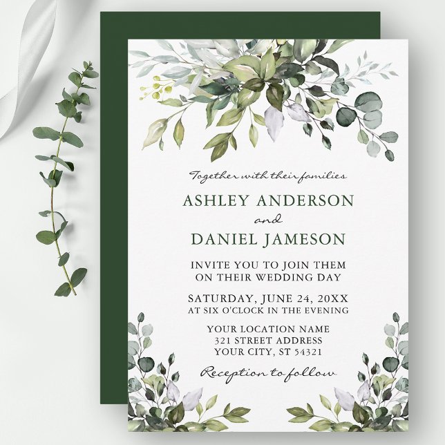 Moderne Elegante Watercolor Grüne Hochzeit Einladung (Customize to change text color, style, add text & photos to back or change color of back of card.)
