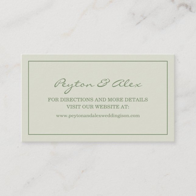 Moderne elegante Website zur grünen Hochzeit von s Visitenkarte (Vorderseite)