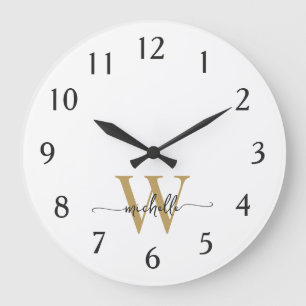 Moderne Elegante Weiße Gold-Monogramm-Name-Schrift Große Wanduhr