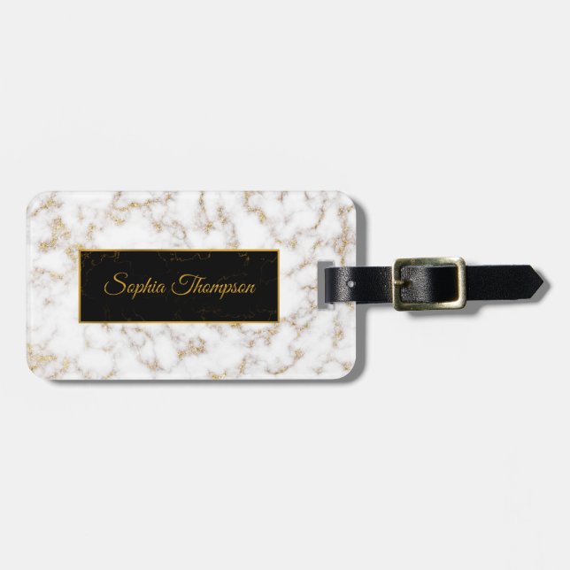 Moderne elegante weiße Goldmarmor Name Gepäckmarke Gepäckanhänger (Vorderseite horizontal)