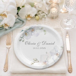 Moderne elegante weiße Orchideen-Hochzeit Pappteller