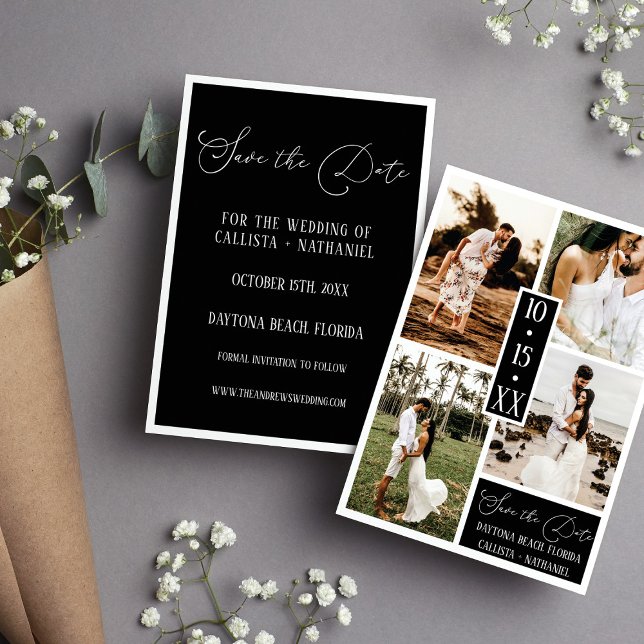 Moderne elegante White Black Four Foto Wedding Save The Date (Von Creator hochgeladen)