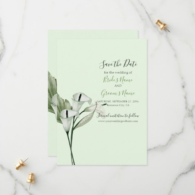 Moderne Elegante White Calla Lilies Wedding Save The Date (Vorderseite/Rückseite Beispiel)