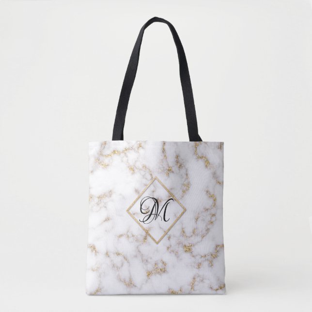 Moderne elegante White-Gold-Marmor-Monogram-Tote-T Tasche (Vorderseite)