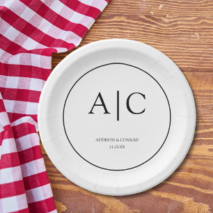Moderne, elegante White Monogram Wedding Round Pappteller