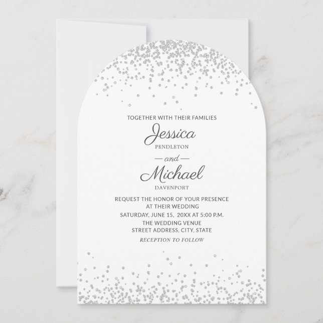 Moderne, elegante White Silver Glitzer Arch Weddin Einladung (Vorderseite)