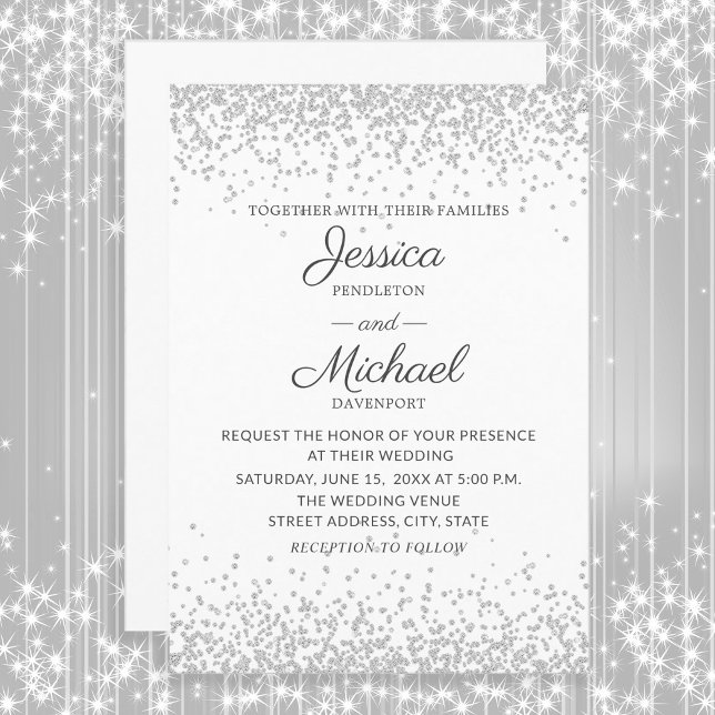 Moderne, elegante White Silver Glitzer Hochzeit Einladung (White with silver glitter wedding invitation)