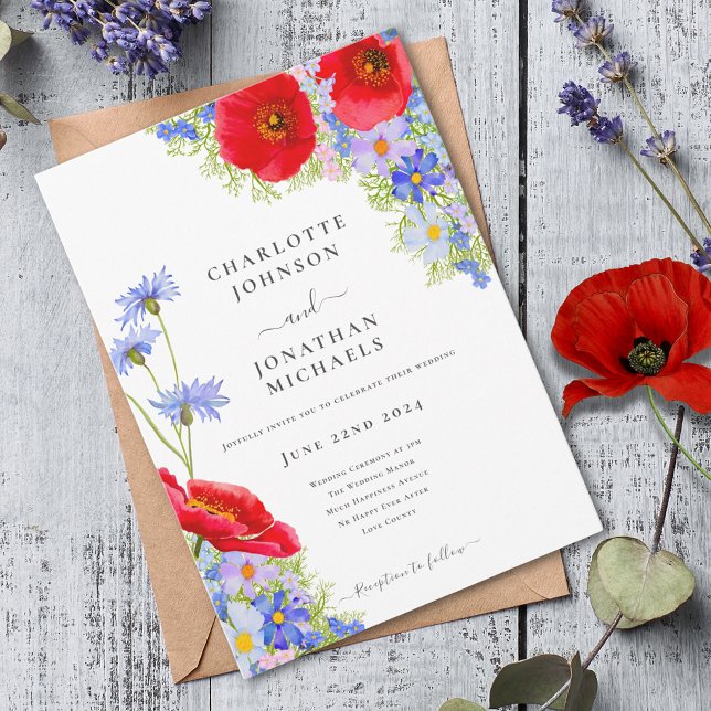 Moderne, elegante Wildblume Hochzeit Einladung (Modern wildflower red poppy blue cornflower watercolor wedding invitation )